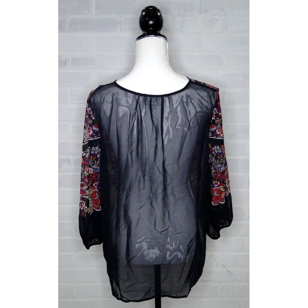 Liz Claiborne Women's Large 3/4 Length Floral Blouse Red Blue Sheer Overlay Top - Picture 3 of 6